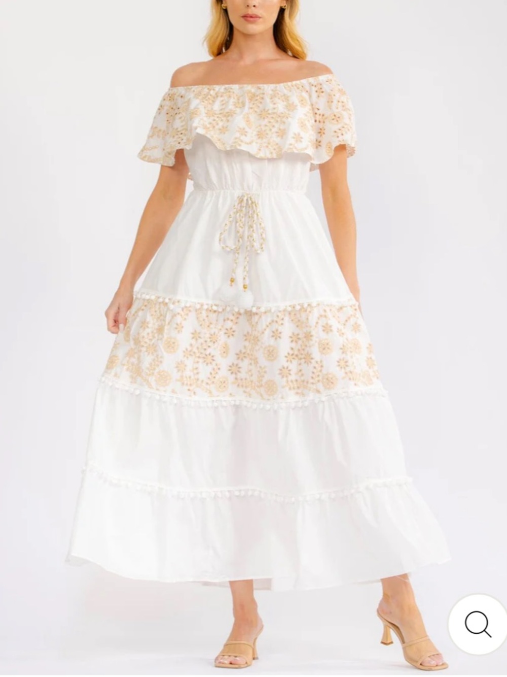 Boho WOMEN'S NWT Costal Summer off SHOULDER TIERED EYELET MAXI DRESS S-M-L - Picture 2 of 4